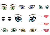 Set of different human eyes, eyebrows, noses and lips