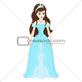 Illustration of beautiful brunette princess in dress from blue chiffon