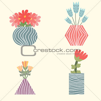 Set of flowers in vases