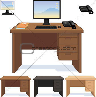Wood desk with computer telephone and papers set of illustrations