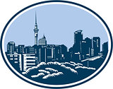Auckland City Skyline Woodcut Retro