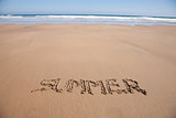 summer text in sand beach