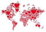 Love, world map with red hearts, vector