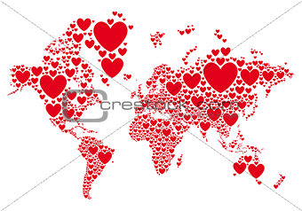 Love, world map with red hearts, vector