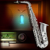 abstract background with saxophone and retro radio