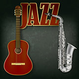 acoustic guitar and saxophone on gray background