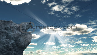 3D male figure sitting atop a mountain