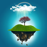 3D render of a floating island with a cherry tree, rainbow and r