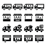 Food truck, food stand and food trailer icons set