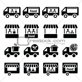 Food truck, food stand and food trailer icons set