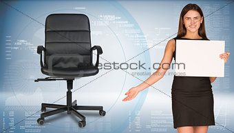 Businesswoman holding blank paper sheet, showing empty office chair beside. Hi-tech graphs as backdrop