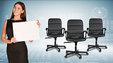 Businesswoman holding blank paper sheet. Office chairs beside. Hi-tech graphs as backdrop