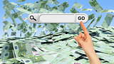 Hand pressing Go button in blank browser search bar, money as backdrop