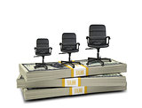 Stack of money with three office chairs on top