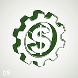 Vector 3d gear and green dollar symbol. Business and finance conceptual icon. High quality engineering design element, commerce theme graphic emblem, EPS8.