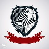 Vector shield with pentagonal comet star and decorative curvy band, protection heraldic sheriff blazon with red ribbon. EPS8
