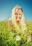 Young  Sexy  blonde   on  meadow with camomile