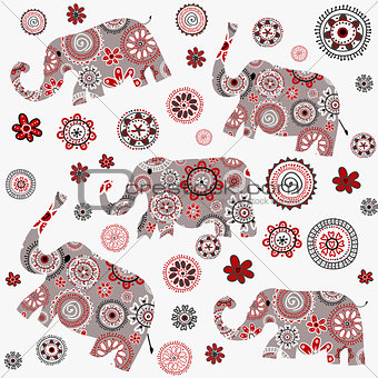 Indian style background with patterned elephants and flowers