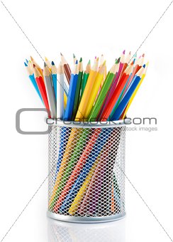 colorful pencils in container isolated