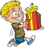 Cartoon boy running with a wrapped gift.