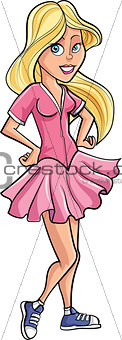 Cartoon girl in a pink dress and blond hair