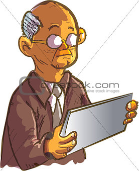 Cartoon old man using an ipad