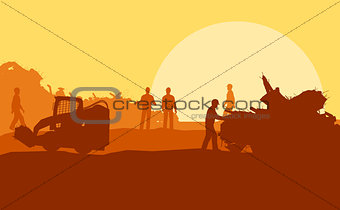 Silhouette of working men on background