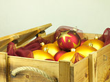 Christmas balls in a wooden box.