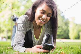 Pretty brunette using her smartphone in park