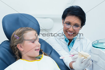 Female dentist teaching girl how to brush teeth