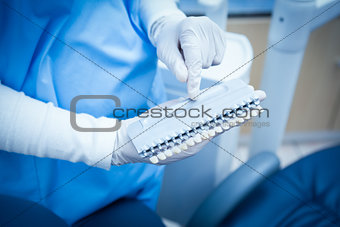 Mid section of dentist holding teeth model