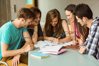 Smiling friends sitting studying together