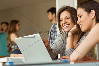 Smiling friends sitting using laptop