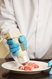 Food scientist using device on meat