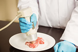 Food scientist using device on meat