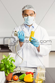 Food scientist using device on corn cob