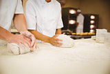 Team of bakers kneading dough