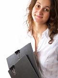 Woman holding two folders