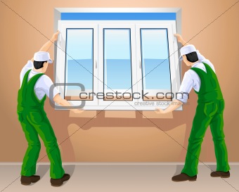 two workers editing new plastic window 