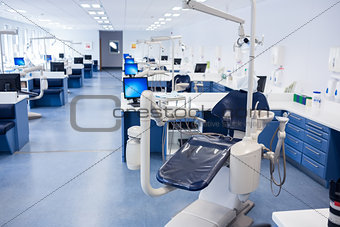Inside of the clinic with dentists chairs