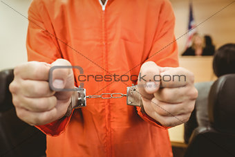 Prisoner in handcuffs clenching fists