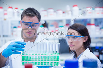 Chemist holding test tube tray with his colleague next to him
