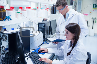 Chemist team working together at desk using computer