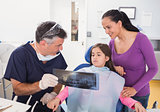 Pediatric dentist explaining to young patient and her mother the x-ray