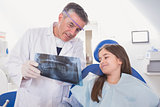 Pediatric dentist explaining to young patient the x-ray