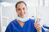 Portrait of a smiling dentist showing toothbrush
