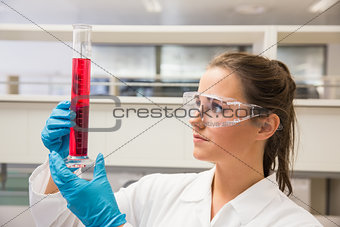 Young pharmacist holding beaker of red liquid