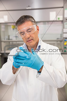 Senior pharmacist putting on his gloves