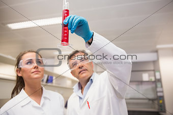 Pharmacists looking at beaker of red liquid