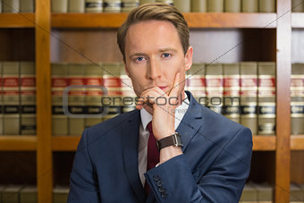 Lawyer frowning in the law library